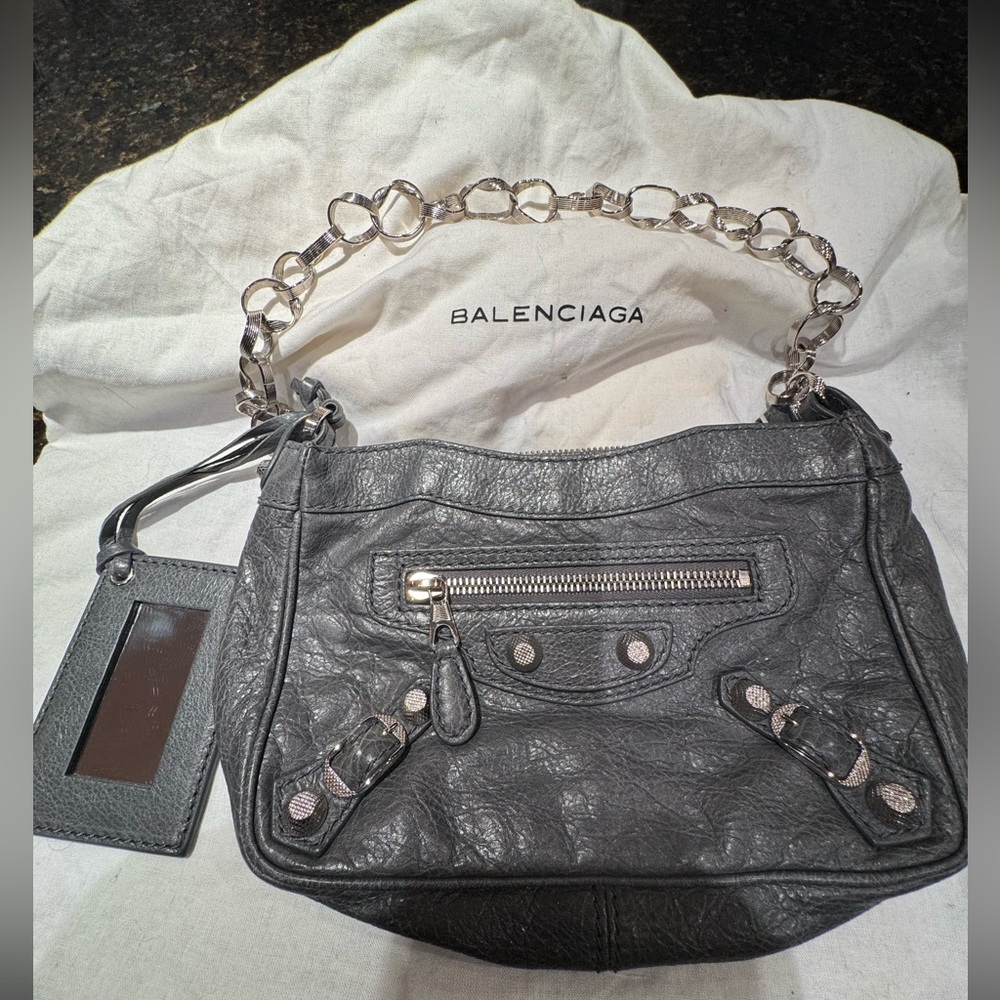 Rare Balenciaga Giant Grey Mini City Pochette Bag -Chain Strap, Mirror, Dust Bag
